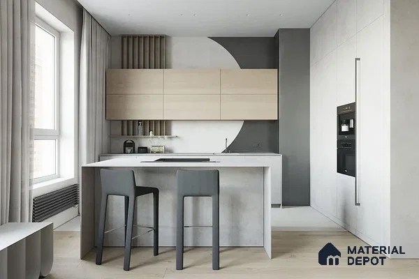 A kitchen with marble counter tops and stainless steel appliances on the wall, along with hanging lights hanging from the ceiling over the ceiling in front of a wooden counter top of a kitchen counter top space next to
